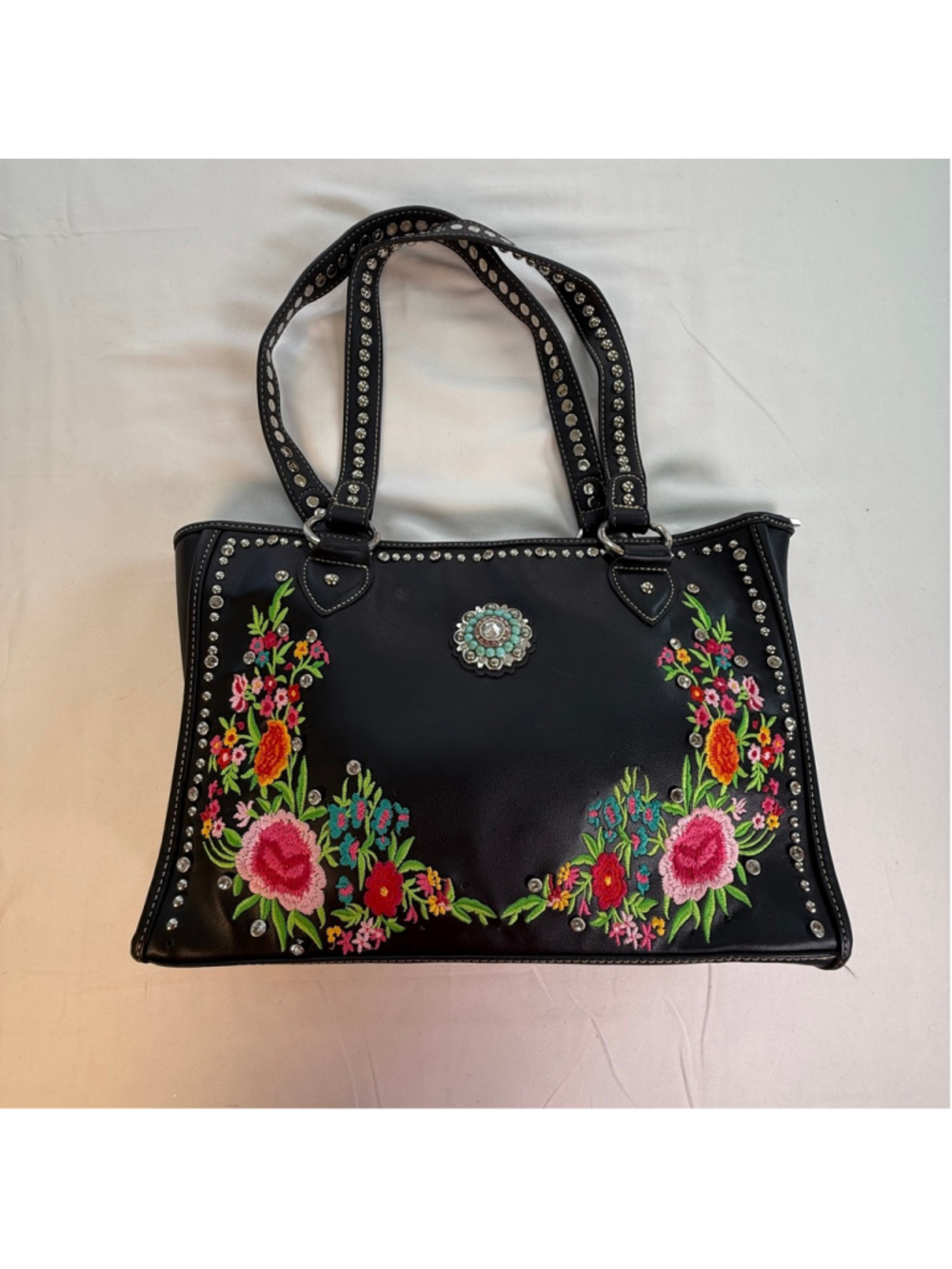 Montana West Black Floral Embroidered Rhinestone Studded Western Tote Handbag
